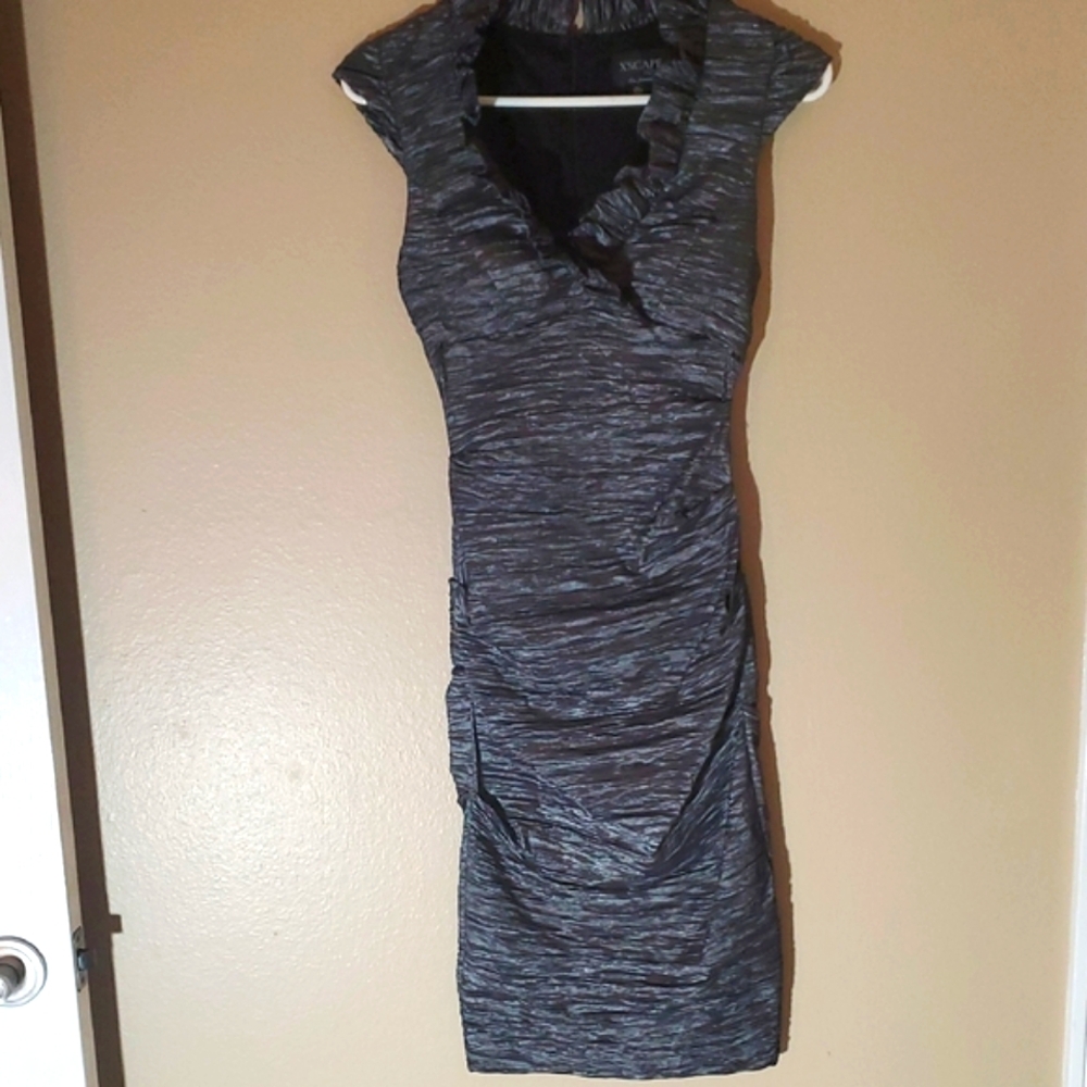 Xscape Black and Gray/Silver Ruched Mini Dress
